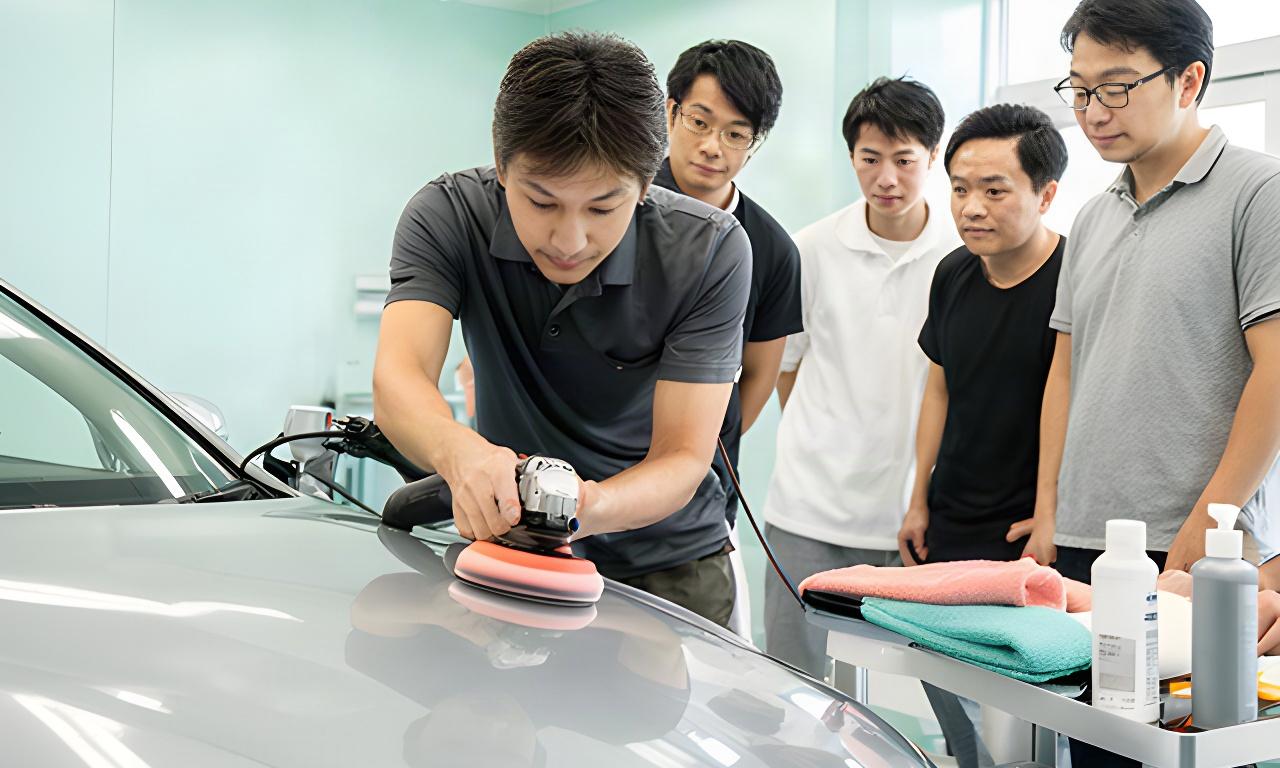 三重県津市の実習室で講師が車のボンネットを研磨し、受講生が手元を確認している様子